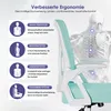 A teal and white office chair is shown with diagrams and text highlighting its ergonomic features. Produktbild-Vorschau