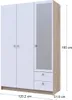 A three-door wardrobe with a mirror and two drawers, shown from the front with dimensions indicated. Náhľad obrázku produktu