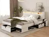 A bedroom scene featuring a white bed with integrated storage and LED lighting. Produktbild-Vorschau