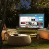 An outdoor movie night setup with a projector, screen, and seating. Produktbild-Vorschau