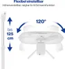 A white fan is shown with text and graphics indicating its adjustable height and oscillation range. Podgląd zdjęcia produktu
