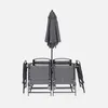 A gray outdoor dining set with a table, six chairs, and a closed umbrella, all on a white background. Anteprima dell’immagine prodotto