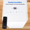 A white mobile air conditioner unit with a remote control placed in front of it, set against a wooden floor background. Produktbild-Vorschau
