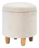 A white, fluffy round ottoman with wooden legs, presented on a white background. Produktbild-Vorschau