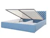 A blue upholstered bed frame with the mattress support lifted to reveal storage space. Náhled obrázku produktu