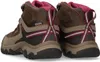 A pair of brown and pink hiking boots are shown from the back. Voir les images du produit