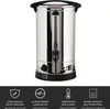 A stainless steel hot water dispenser with a tap and a water level indicator, shown against a white background. Below the product are four icons with accompanying text in German and English, describing features like quality, automatic shut-off, temperature Náhled obrázku produktu