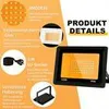 A marketing image showing product details and features of an LED floodlight. Produktbild-Vorschau