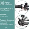 A split image showing bicycle features on the left and close-ups of the gear shifter and rear derailleur on the right. Voir les images du produit