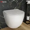 A modern bathroom setting with a wall-mounted toilet and marble-patterned tiles. Produktbild-Vorschau