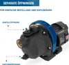 A black and blue water pump with labels pointing to its fill and drain openings. Produktbild-Vorschau