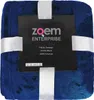 A dark blue fleece blanket or sweater is folded and tied with white ribbons, with a black product tag attached. Produktbild-Vorschau