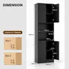A collage showing the dimensions and packaging of a tall black cabinet. Podgląd zdjęcia produktu