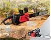 A chainsaw is shown on a log, with labels pointing out its features. Náhľad obrázku produktu