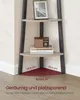 A corner shelf unit with decorative items and text overlays indicating dimensions and features. Produktbild-Vorschau