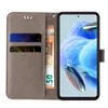 A flip cover phone case is shown open, displaying credit cards and a banknote inside, with a smartphone screen visible. Produktbild-Vorschau