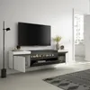 A modern TV stand with a built-in electric fireplace, mounted on a white wall. A television is mounted above the stand. The room is sparsely decorated with a floor lamp and a rug. Anteprima dell’immagine prodotto