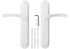 A pair of white door handles and their associated hardware are displayed against a white background. Produktbild-Vorschau