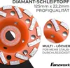 A close-up marketing image of a diamond grinding cup wheel with text overlays highlighting its features. Voir les images du produit