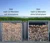 Two stacks of firewood, one covered with a transparent tarp and the other exposed to the elements, demonstrating the effect of weather protection over 12 months. Produktbild-Vorschau