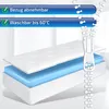 A mattress with its layers exposed, with a zipper graphic on the side and feature callouts at the top. Produktbild-Vorschau