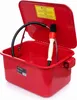 A red parts washer with its lid open, showing a brush and hose inside. Produktbild-Vorschau