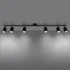 A black track light fixture with six adjustable spotlights mounted on a ceiling. Podgląd zdjęcia produktu