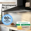 A black range hood is shown in a kitchen setting, with promotional text and energy efficiency labels overlaid. Produktbild-Vorschau