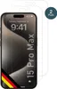 A screen protector for an iPhone 15 Pro Max is shown, with a second protector behind it. Produktbild-Vorschau