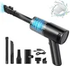 A black cordless handheld vacuum cleaner with various attachments and a USB charging cable, displayed on a white background. A graphic of a filter with water splashes is in the top right corner. Produktbild-Vorschau