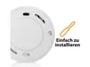 The back of a white smoke detector is shown, with an illustration of a screwdriver and text indicating ease of installation. Produktbild-Vorschau
