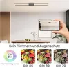 A modern LED ceiling light is shown installed in a room, with a hand holding a smartphone displaying the light's reflection. Below, there are images comparing fruit under different CRI (Color Rendering Index) levels. Voir les images du produit