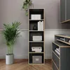 A tall, narrow bookshelf with five shelves, filled with books and decorative boxes, stands next to a large potted plant in a room with gray walls and wooden flooring. Anteprima dell’immagine prodotto