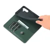 A hand is shown holding open a green wallet-style phone case, revealing card slots and a phone cradle. Produktbild-Vorschau