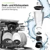 A dishwasher filled with dishes and an exploded view of a blender with water splashing around it. Produktbild-Vorschau