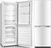 A white refrigerator with its doors open, showing the interior compartments, placed next to a closed view of the same refrigerator. Produktbild-Vorschau