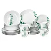 A set of white porcelain dinnerware with a green eucalyptus leaf pattern, arranged on a white background. Podgląd zdjęcia produktu