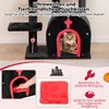 A cat tree with a cat inside a house-like structure, and inset images showing features. Produktbild-Vorschau