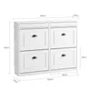 A white shoe cabinet with four flip-down drawers, shown with dimensions indicated by lines and text. Produktbild-Vorschau