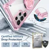 A close-up of a pink and clear phone case with a ring holder, set against a cracked, metallic background. Produktbild-Vorschau