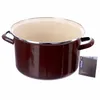 A brown enamel pot with cream interior and silver rim, shown from a side angle with a product tag attached. Voir les images du produit
