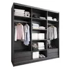 A modern, dark gray wardrobe with multiple compartments, shelves, drawers, and hanging clothes. Náhled obrázku produktu