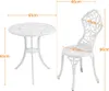 A white metal bistro set for two, consisting of a round table and two chairs, with dimensions indicated by measurement lines and text. Produktbild-Vorschau