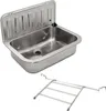 A stainless steel sink with a backsplash and a drying rack shown separately. Produktbild-Vorschau