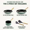 A flat lay image showcasing a 5-piece cookware set, including frying pans, a saucepan, and utensils, with descriptive text labels. Náhled obrázku produktu