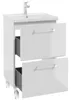 A white bathroom vanity cabinet with a sink and faucet, with two drawers partially open. Voir les images du produit