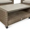 A close-up view of an outdoor lounge coffee table made of woven material with a slatted top. Náhľad obrázku produktu