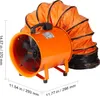 An orange industrial fan with an attached flexible duct is shown against a white background, with dimensions indicated. Podgląd zdjęcia produktu