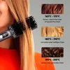 A person is using a hair straightening brush, with temperature recommendations for different hair types displayed. Produktbild-Vorschau
