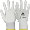 A pair of white safety gloves with yellow trim on a white background. Produktbild-Vorschau